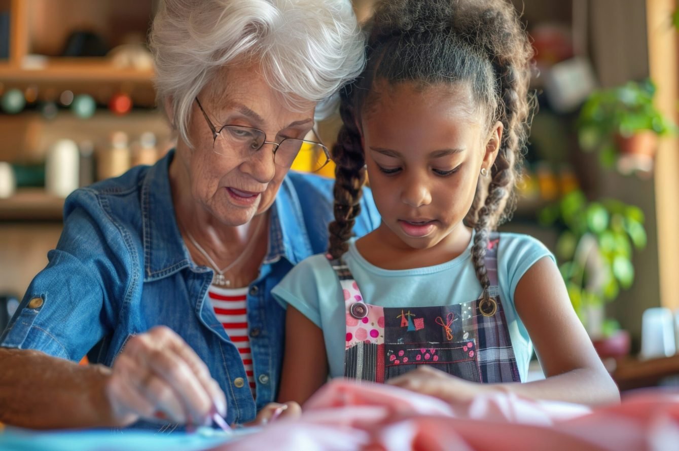 Senior woman showing a young girl how to sew, guiding her hands gently Senior woman showing a young girl how to sew, guiding her hands gently